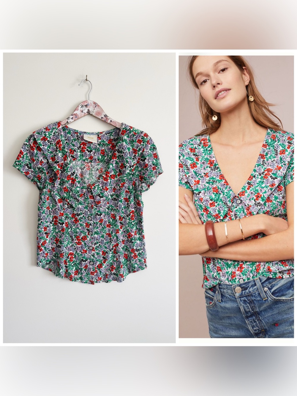 Anthropologie MAEVE Austen Collared Blouse Short Sleeve Floral Top Size 6